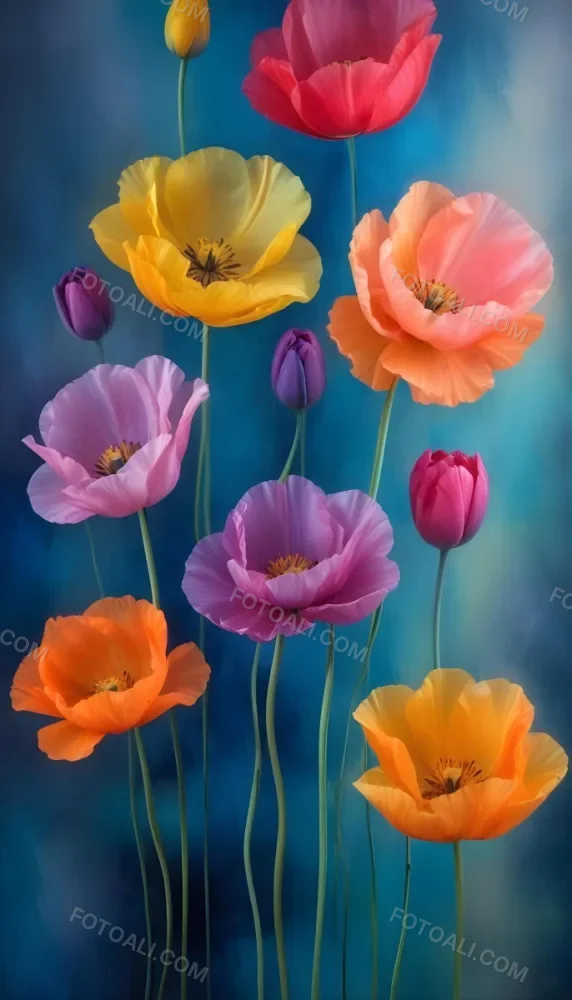 Vibrant And Colorful Flowers Including Pink Purple And Orange Poppies Or Similar Blooms Against A Dark Blue Background 60 0415