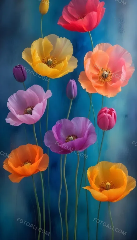 Vibrant And Colorful Flowers Including Pink Purple And Orange Poppies Or Similar Blooms Against A Dark Blue Background 61 8297
