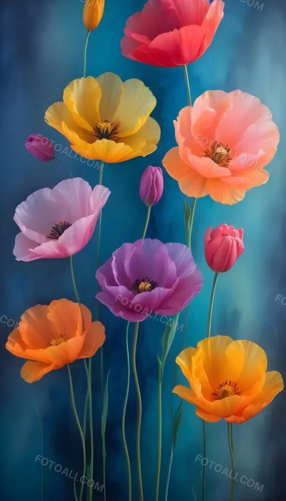 Vibrant And Colorful Flowers Including Pink Purple And Orange Poppies Or Similar Blooms Against A Dark Blue Background 62 C806