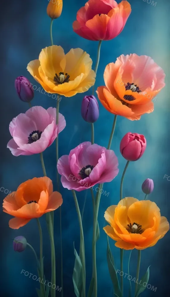 Vibrant And Colorful Flowers Including Pink Purple And Orange Poppies Or Similar Blooms Against A Dark Blue Background 65 0653