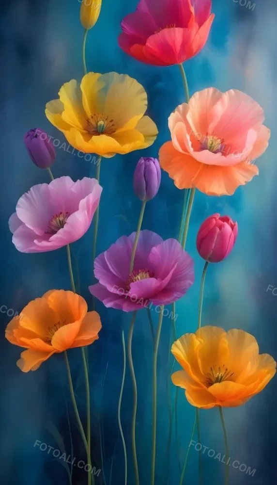 Vibrant And Colorful Flowers Including Pink Purple And Orange Poppies Or Similar Blooms Against A Dark Blue Background 67 5e3b