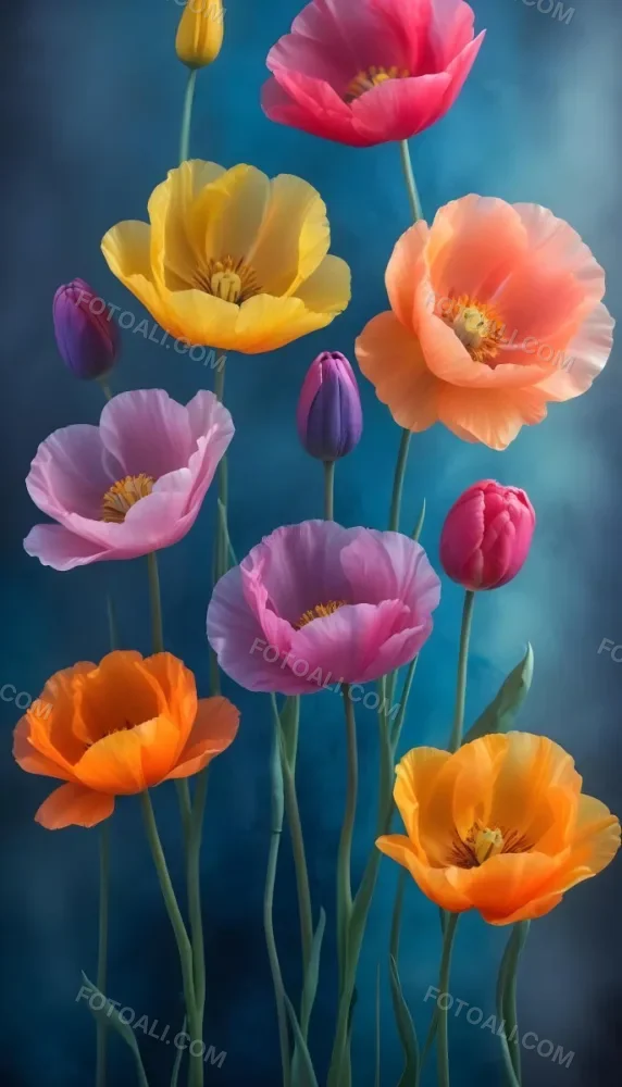 Vibrant And Colorful Flowers Including Pink Purple And Orange Poppies Or Similar Blooms Against A Dark Blue Background 70 8bf7