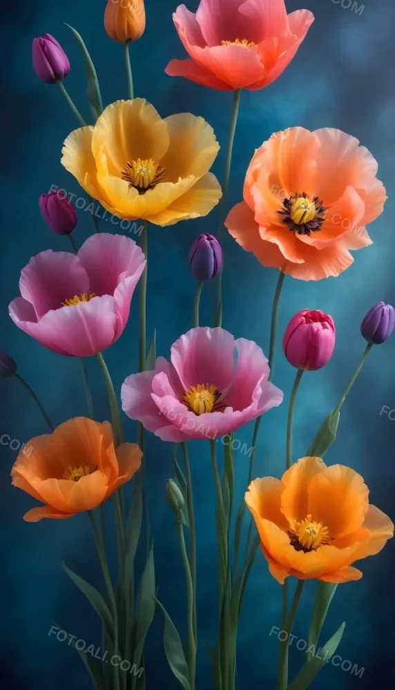 Vibrant And Colorful Flowers Including Pink Purple And Orange Poppies Or Similar Blooms Against A Dark Blue Background 72 1bda