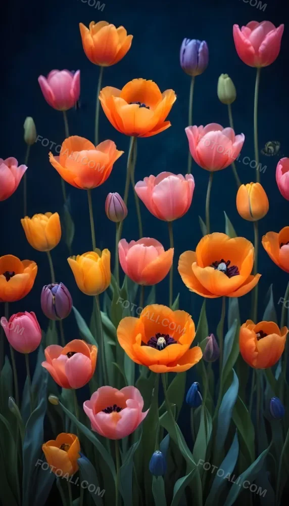 Vibrant And Colorful Flowers Including Pink Purple And Orange Poppies Or Similar Blooms Against A Dark Blue Background 74 C854