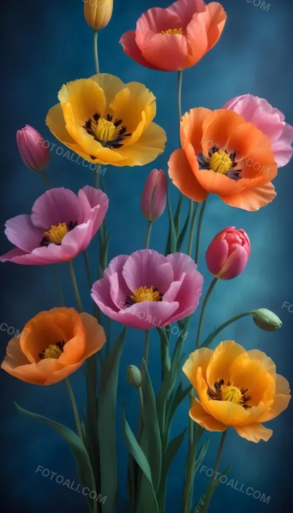 Vibrant And Colorful Flowers Including Pink Purple And Orange Poppies Or Similar Blooms Against A Dark Blue Background 75 9edd