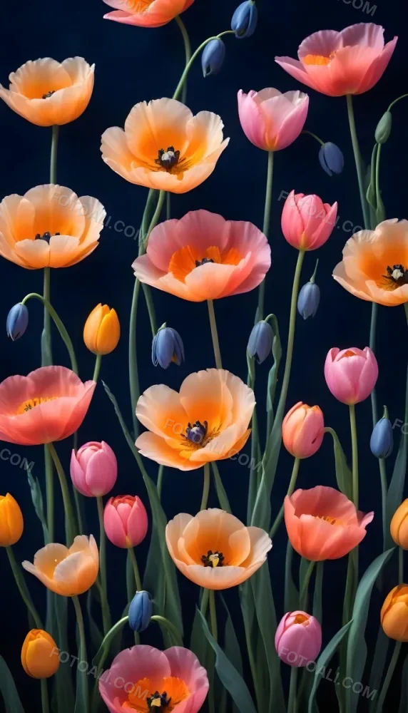 Vibrant And Colorful Flowers Including Pink Purple And Orange Poppies Or Similar Blooms Against A Dark Blue Background 76 5790