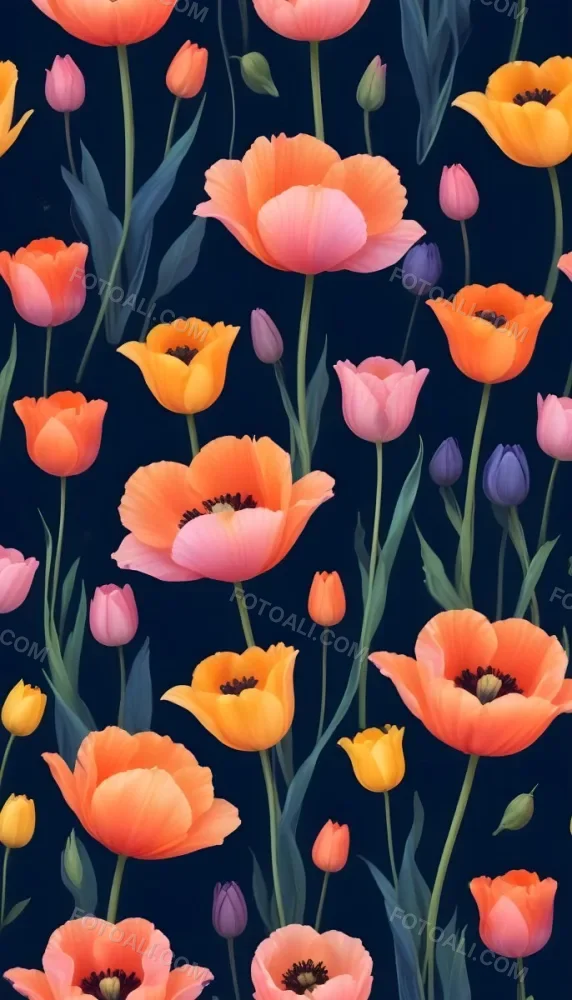 Vibrant And Colorful Flowers Including Pink Purple And Orange Poppies Or Similar Blooms Against A Dark Blue Background 78 F690