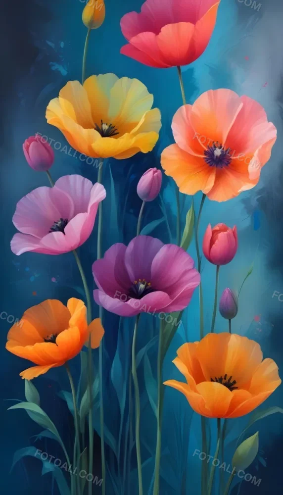 Vibrant And Colorful Flowers Including Pink Purple And Orange Poppies Or Similar Blooms Against A Dark Blue Background 8 B853