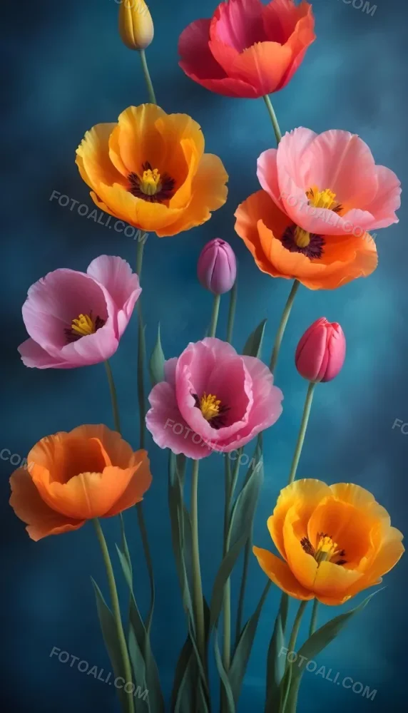 Vibrant And Colorful Flowers Including Pink Purple And Orange Poppies Or Similar Blooms Against A Dark Blue Background 86 Feb9