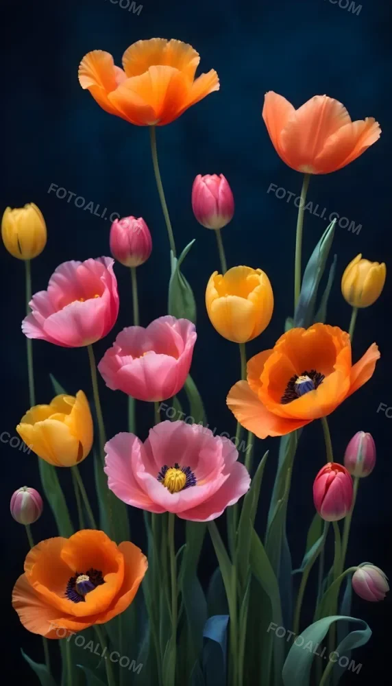 Vibrant And Colorful Flowers Including Pink Purple And Orange Poppies Or Similar Blooms Against A Dark Blue Background 88 2799