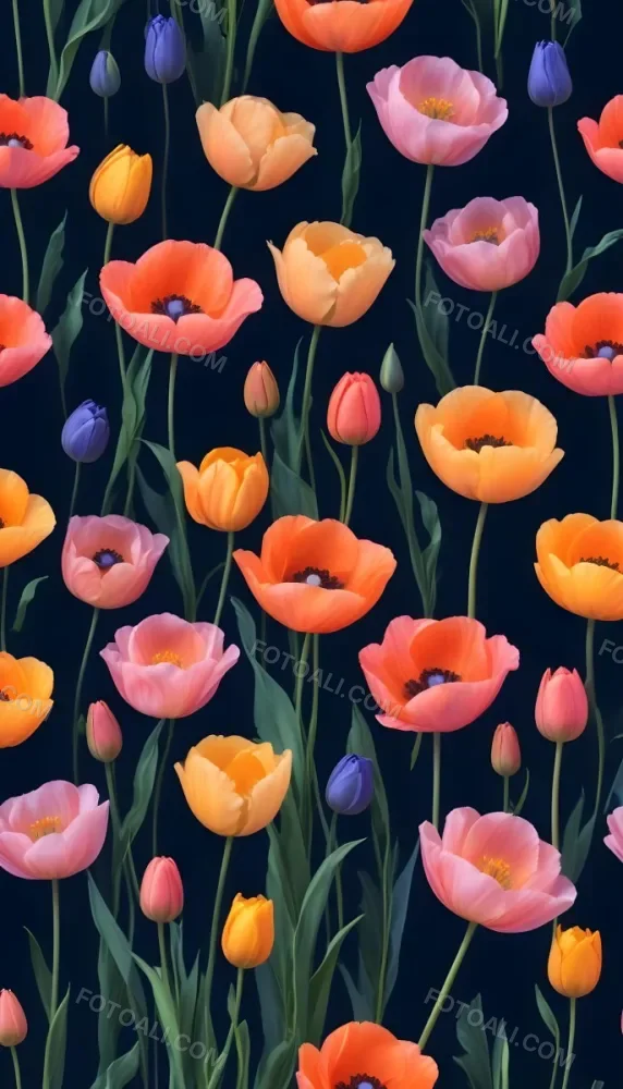 Vibrant And Colorful Flowers Including Pink Purple And Orange Poppies Or Similar Blooms Against A Dark Blue Background 89 8c13