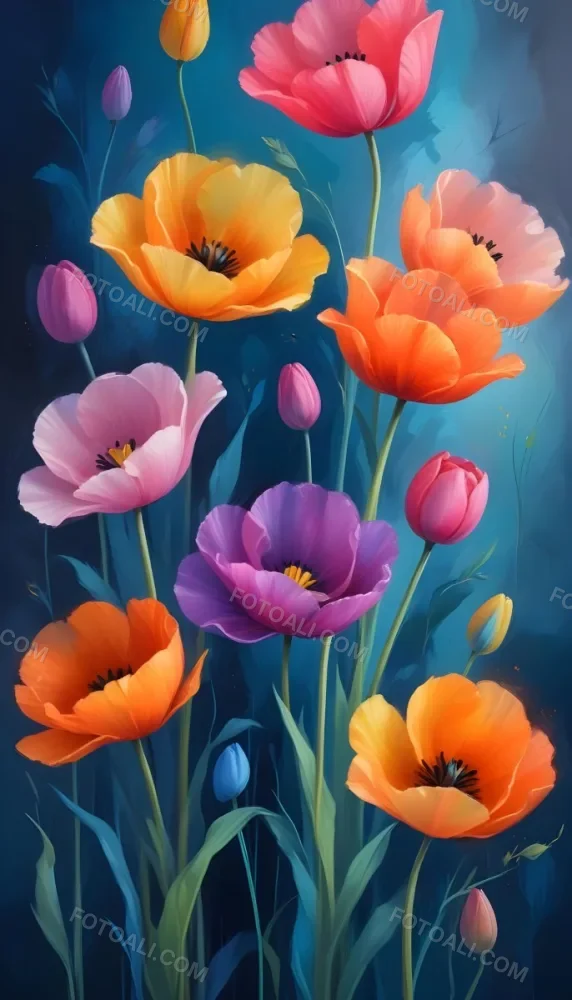 Vibrant And Colorful Flowers Including Pink Purple And Orange Poppies Or Similar Blooms Against A Dark Blue Background 9 4f21