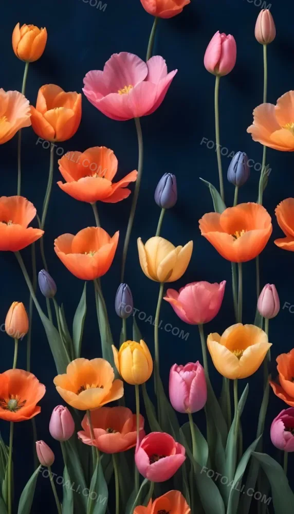 Vibrant And Colorful Flowers Including Pink Purple And Orange Poppies Or Similar Blooms Against A Dark Blue Background 90 3eeb