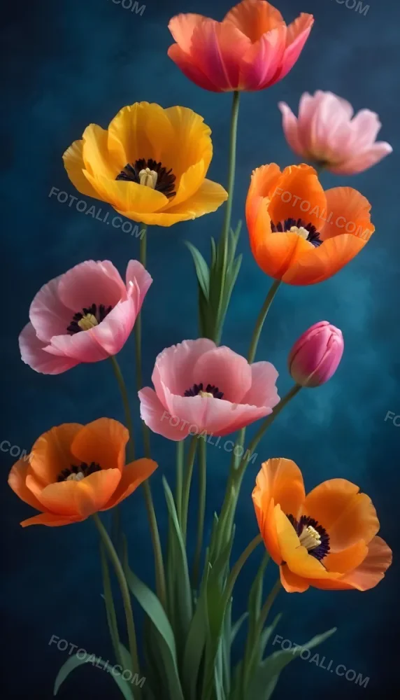 Vibrant And Colorful Flowers Including Pink Purple And Orange Poppies Or Similar Blooms Against A Dark Blue Background 91 48b4