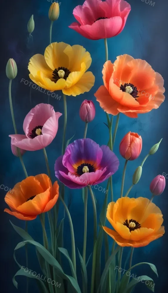 Vibrant And Colorful Flowers Including Pink Purple And Orange Poppies Or Similar Blooms Against A Dark Blue Background 93 45e4
