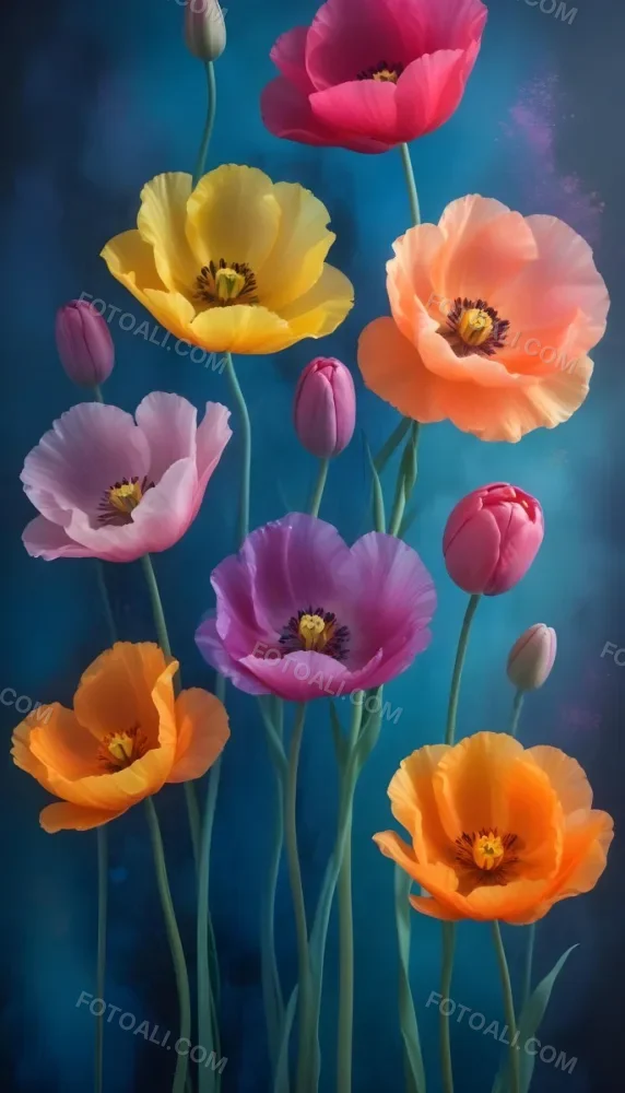 Vibrant And Colorful Flowers Including Pink Purple And Orange Poppies Or Similar Blooms Against A Dark Blue Background 94 7ebf