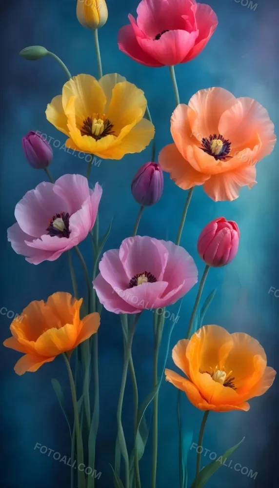 Vibrant And Colorful Flowers Including Pink Purple And Orange Poppies Or Similar Blooms Against A Dark Blue Background 96 3077