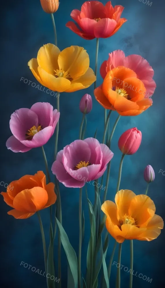 Vibrant And Colorful Flowers Including Pink Purple And Orange Poppies Or Similar Blooms Against A Dark Blue Background 97 671d