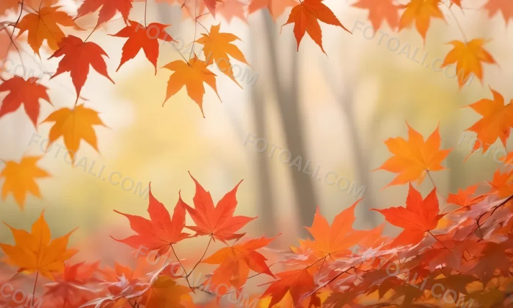 Vibrant Orange And Red Maple Leaves Against A Blurred Hazy Background With A Warm Autumnal Color Palette 1 018f