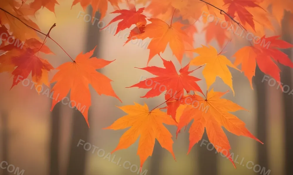 Vibrant Orange And Red Maple Leaves Against A Blurred Hazy Background With A Warm Autumnal Color Palette 12 D10d
