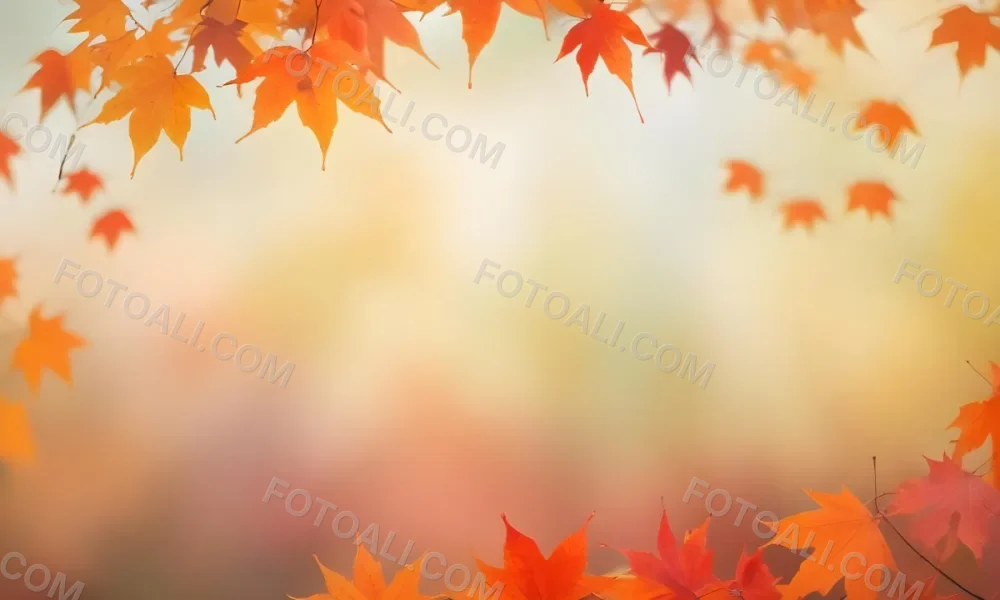 Vibrant Orange And Red Maple Leaves Against A Blurred Hazy Background With A Warm Autumnal Color Palette 20 F706