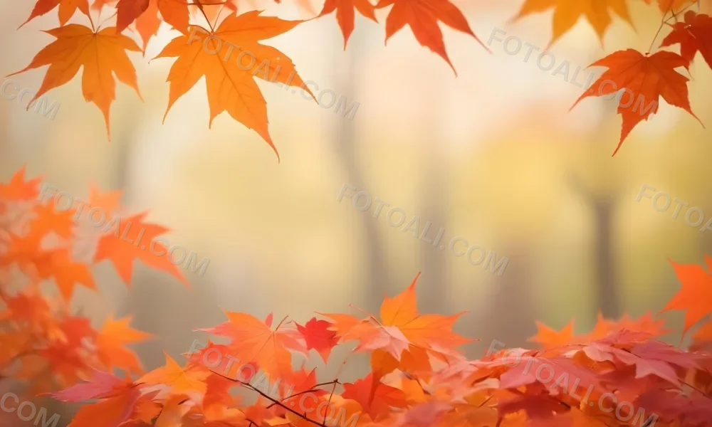 Vibrant Orange And Red Maple Leaves Against A Blurred Hazy Background With A Warm Autumnal Color Palette 3 E3ae