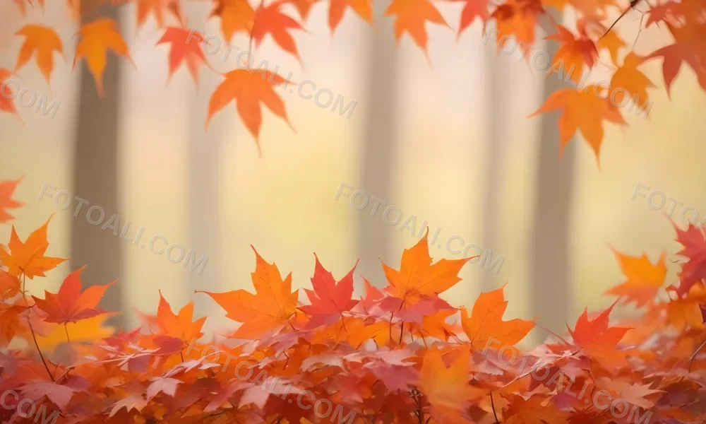 Vibrant Orange And Red Maple Leaves Against A Blurred Hazy Background With A Warm Autumnal Color Palette 6 746d
