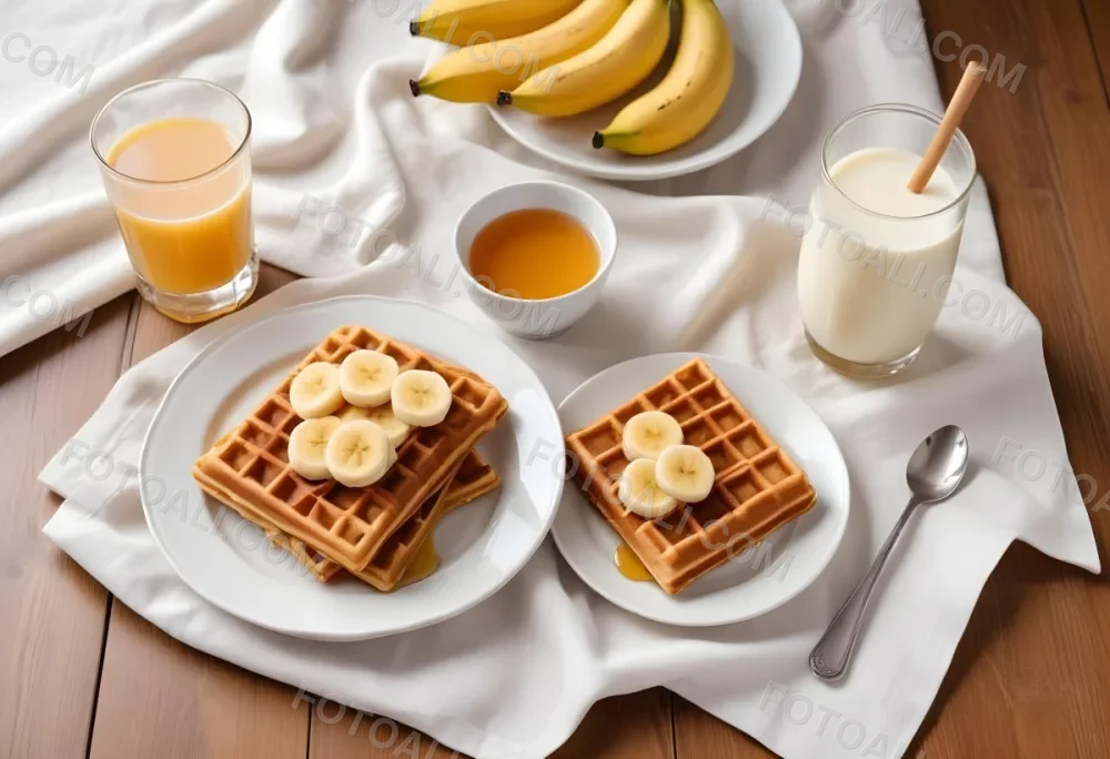 Waffles With Banana Slices On A Glass Plate A Glass Of Milk A Bowl Of Honey And A Wooden Dipper On A White Cloth Over A White Wooden Table 10 3256