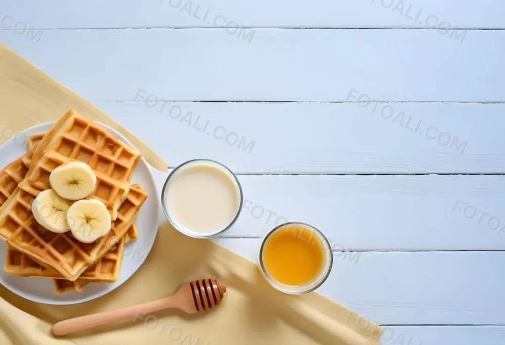 Waffles With Banana Slices On A Glass Plate A Glass Of Milk A Bowl Of Honey And A Wooden Dipper On A White Cloth Over A White Wooden Table 13 7515