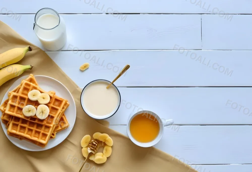Waffles With Banana Slices On A Glass Plate A Glass Of Milk A Bowl Of Honey And A Wooden Dipper On A White Cloth Over A White Wooden Table 3 Cfa1