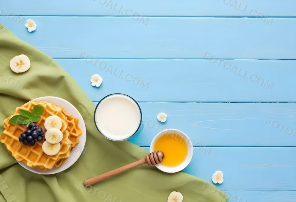 Waffles With Banana Slices On A Glass Plate A Glass Of Milk A Bowl Of Honey And A Wooden Dipper On A White Cloth Over A White Wooden Table 32 9e39