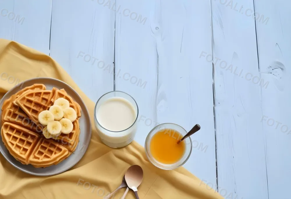 Waffles With Banana Slices On A Glass Plate A Glass Of Milk A Bowl Of Honey And A Wooden Dipper On A White Cloth Over A White Wooden Table 37 A632
