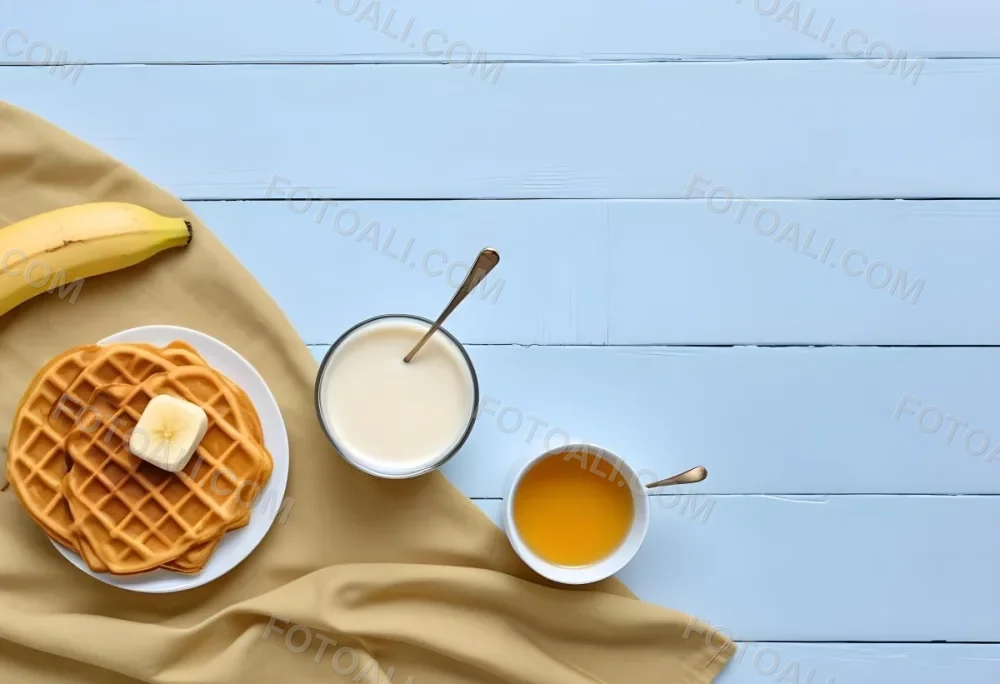 Waffles With Banana Slices On A Glass Plate A Glass Of Milk A Bowl Of Honey And A Wooden Dipper On A White Cloth Over A White Wooden Table 38 2c3a