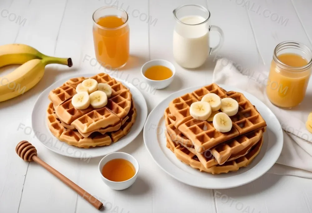 Waffles With Banana Slices On A Glass Plate A Glass Of Milk A Bowl Of Honey And A Wooden Dipper On A White Cloth Over A White Wooden Table 4 303f