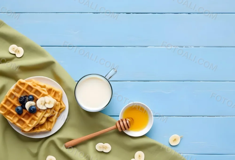 Waffles With Banana Slices On A Glass Plate A Glass Of Milk A Bowl Of Honey And A Wooden Dipper On A White Cloth Over A White Wooden Table 41 E1be