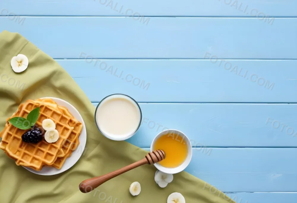 Waffles With Banana Slices On A Glass Plate A Glass Of Milk A Bowl Of Honey And A Wooden Dipper On A White Cloth Over A White Wooden Table 42 687c