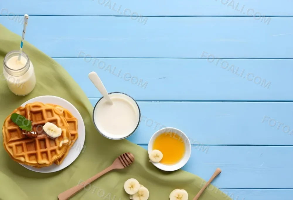 Waffles With Banana Slices On A Glass Plate A Glass Of Milk A Bowl Of Honey And A Wooden Dipper On A White Cloth Over A White Wooden Table 43 37a2