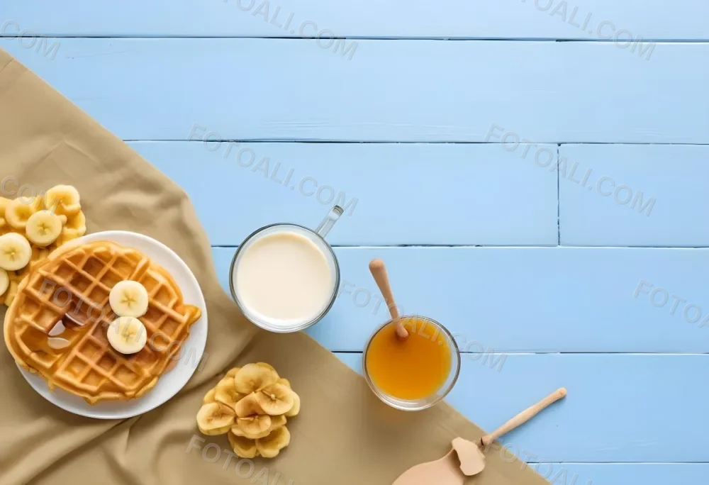 Waffles With Banana Slices On A Glass Plate A Glass Of Milk A Bowl Of Honey And A Wooden Dipper On A White Cloth Over A White Wooden Table 5 5bc1