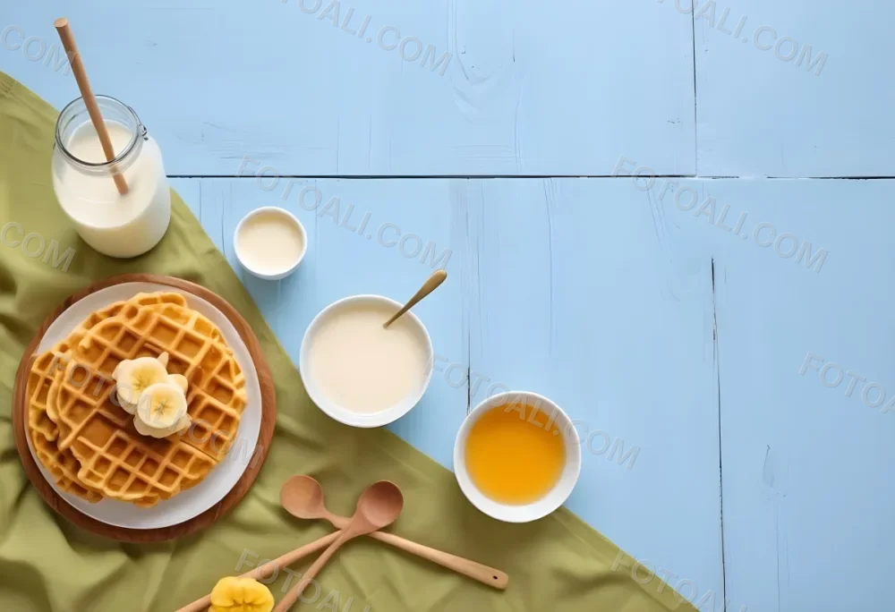Waffles With Banana Slices On A Glass Plate A Glass Of Milk A Bowl Of Honey And A Wooden Dipper On A White Cloth Over A White Wooden Table 7 Ec09