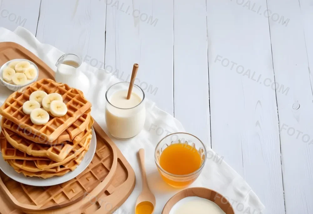 Waffles With Banana Slices On A Glass Plate A Glass Of Milk A Bowl Of Honey And A Wooden Dipper On A White Cloth Over A White Wooden Table 9 4f4f
