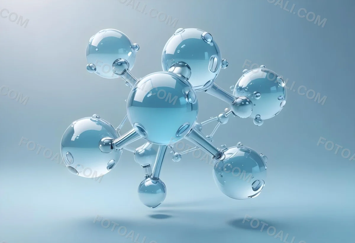 Water Molecules With Transparent Spheres And Connecting Rods Floating In A Light Blue Gradient Background Clean And Scientific Aesthetic Soft Lighting Conceptual Representation 8 E63a