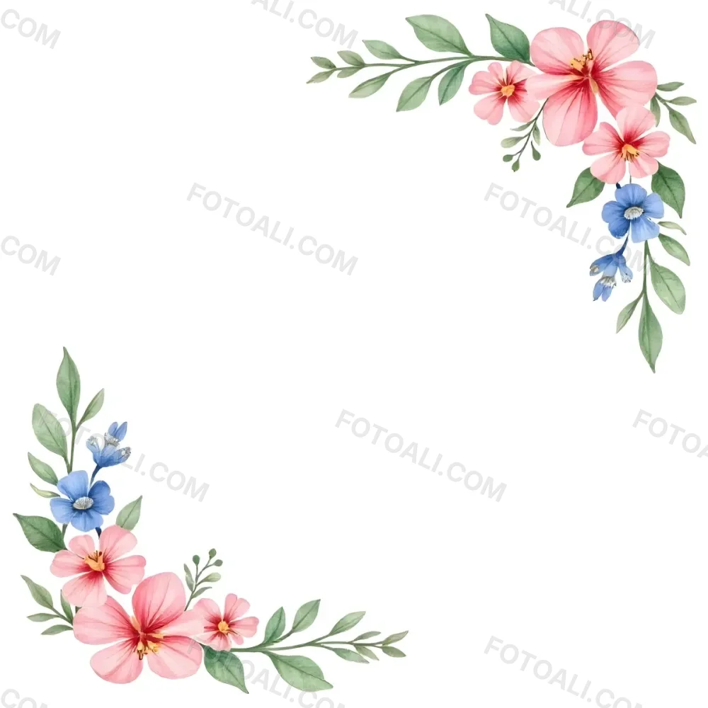 Watercolor Floral Frame With Pink Blue And Green Flowers And Leaves Arranged In The Upper Right And Lower Left Corners White Background 14 Bce2