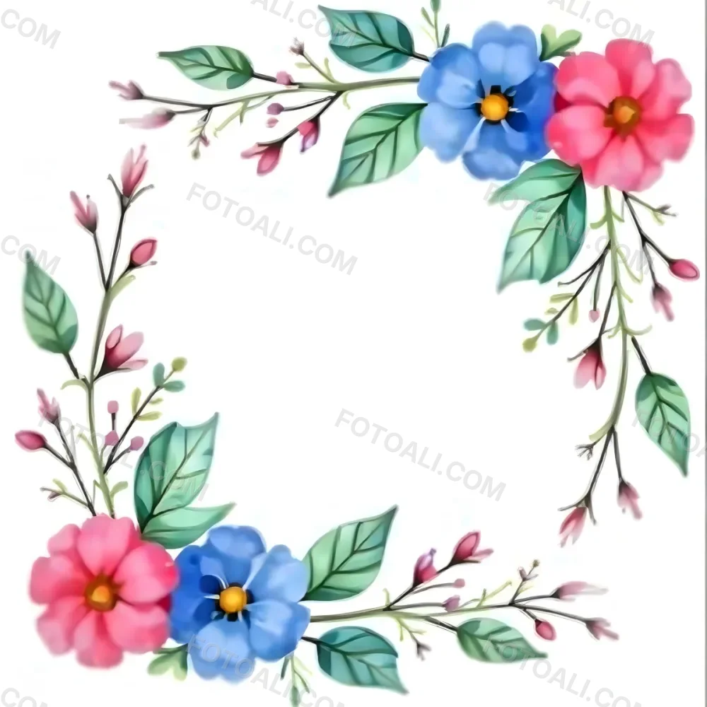 Watercolor Floral Frame With Pink Blue And Green Flowers And Leaves Arranged In The Upper Right And Lower Left Corners White Background 17 4444