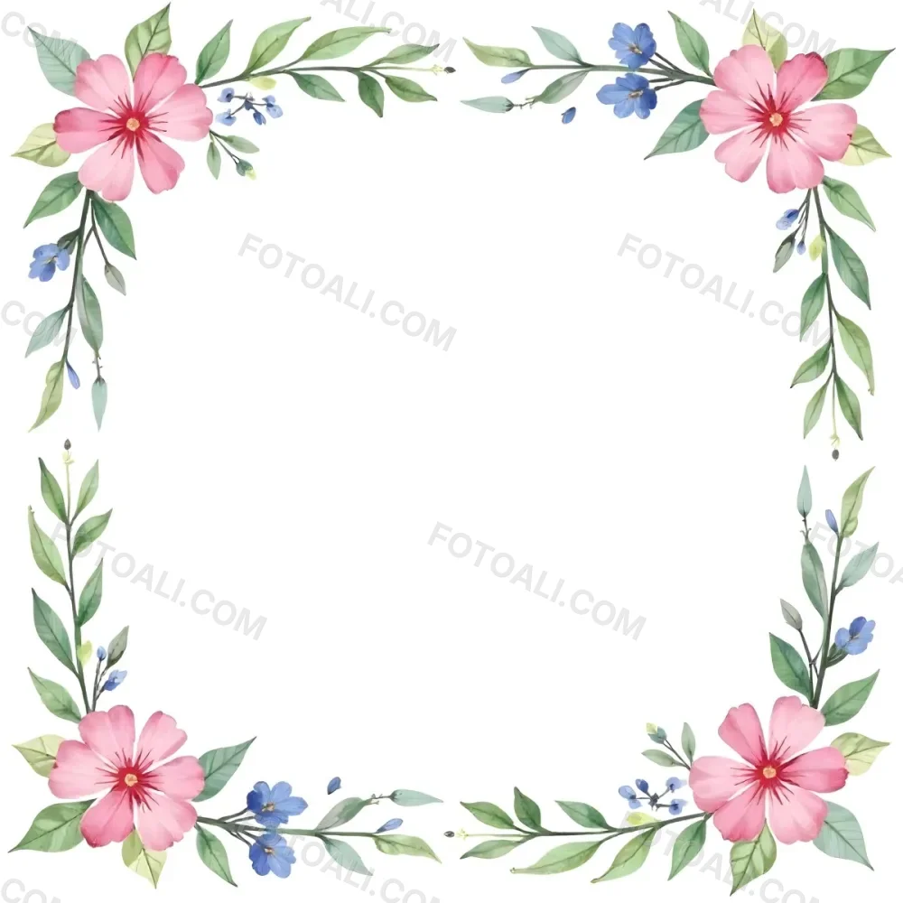 Watercolor Floral Frame With Pink Blue And Green Flowers And Leaves Arranged In The Upper Right And Lower Left Corners White Background 19 Fd03