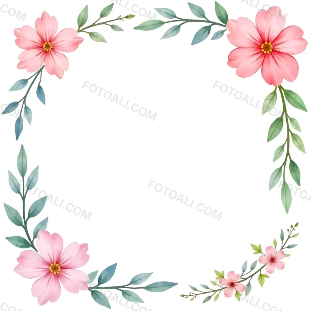 Watercolor Floral Frame With Pink Blue And Green Flowers And Leaves Arranged In The Upper Right And Lower Left Corners White Background 2 39ed