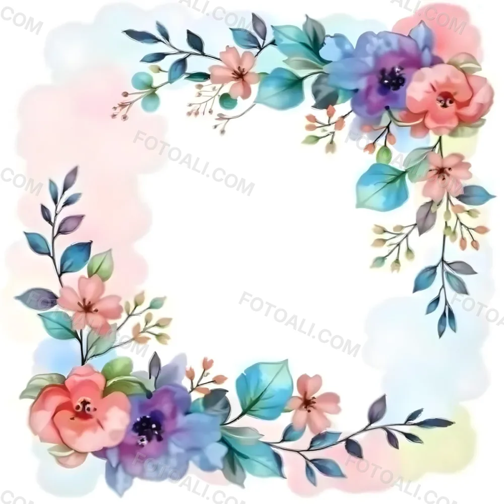 Watercolor Floral Frame With Pink Blue And Green Flowers And Leaves Arranged In The Upper Right And Lower Left Corners White Background 5 7608