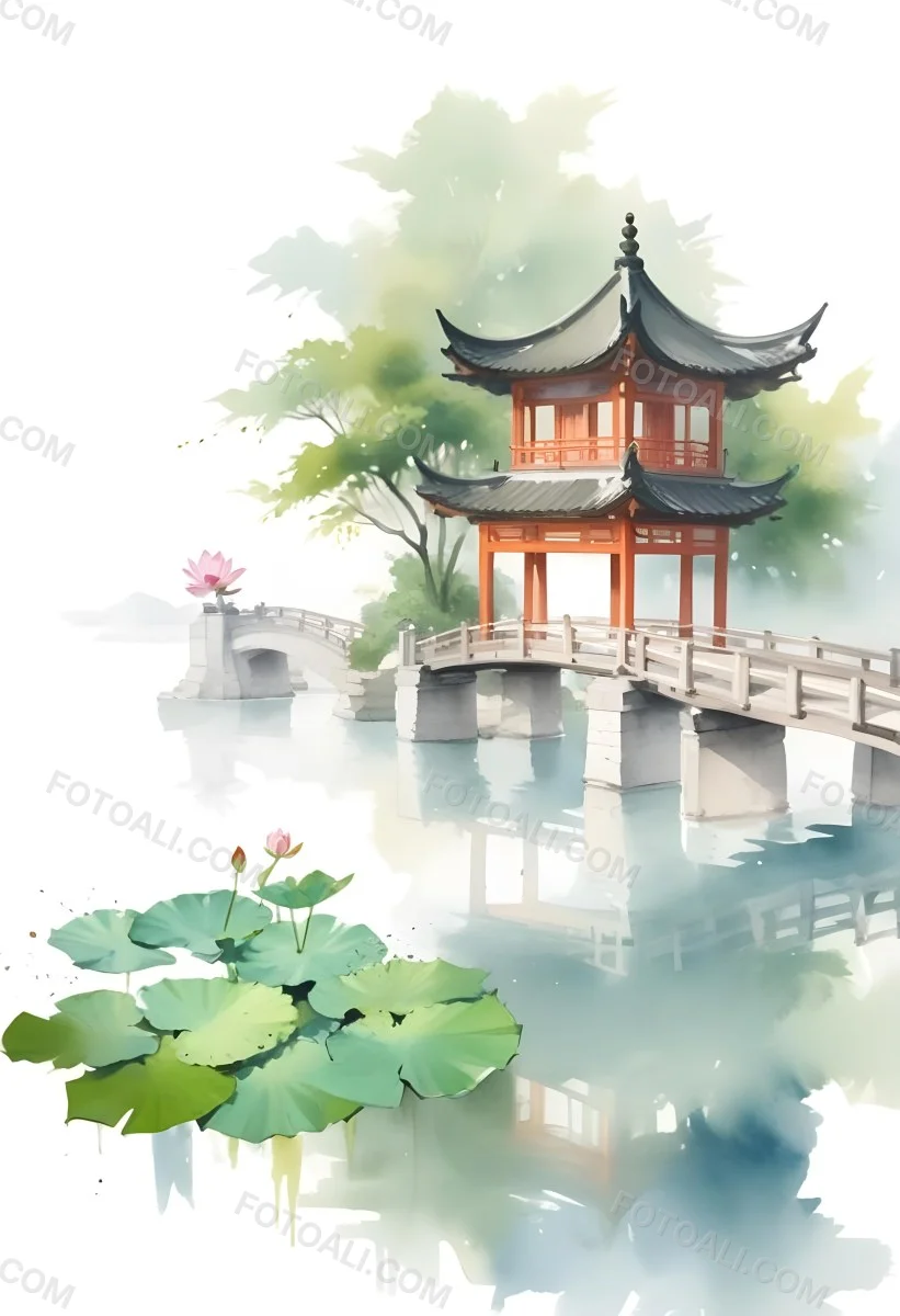 Watercolor Painting A Chinese Pagoda On A Bridge With Lotus Flowers In The Foreground Creative Detailed Brush Stroke Minimal Spalsh 13 8ed6