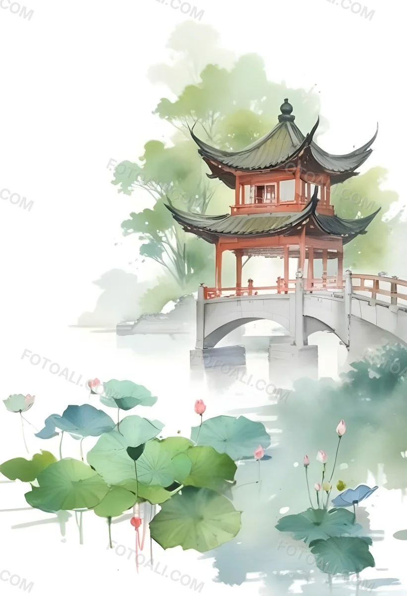 Watercolor Painting A Chinese Pagoda On A Bridge With Lotus Flowers In The Foreground Creative Detailed Brush Stroke Minimal Spalsh 23 3686