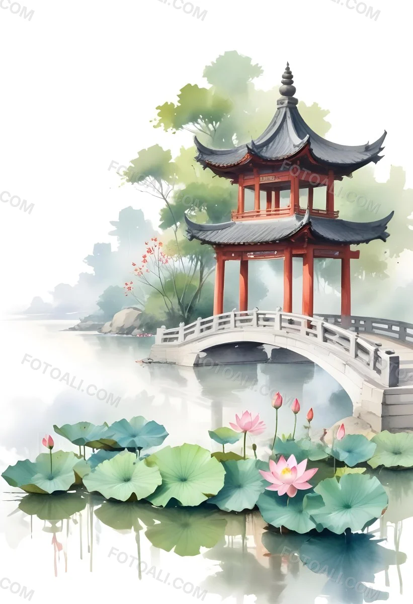 Watercolor Painting A Chinese Pagoda On A Bridge With Lotus Flowers In The Foreground Creative Detailed Brush Stroke Minimal Spalsh 27 A8c7
