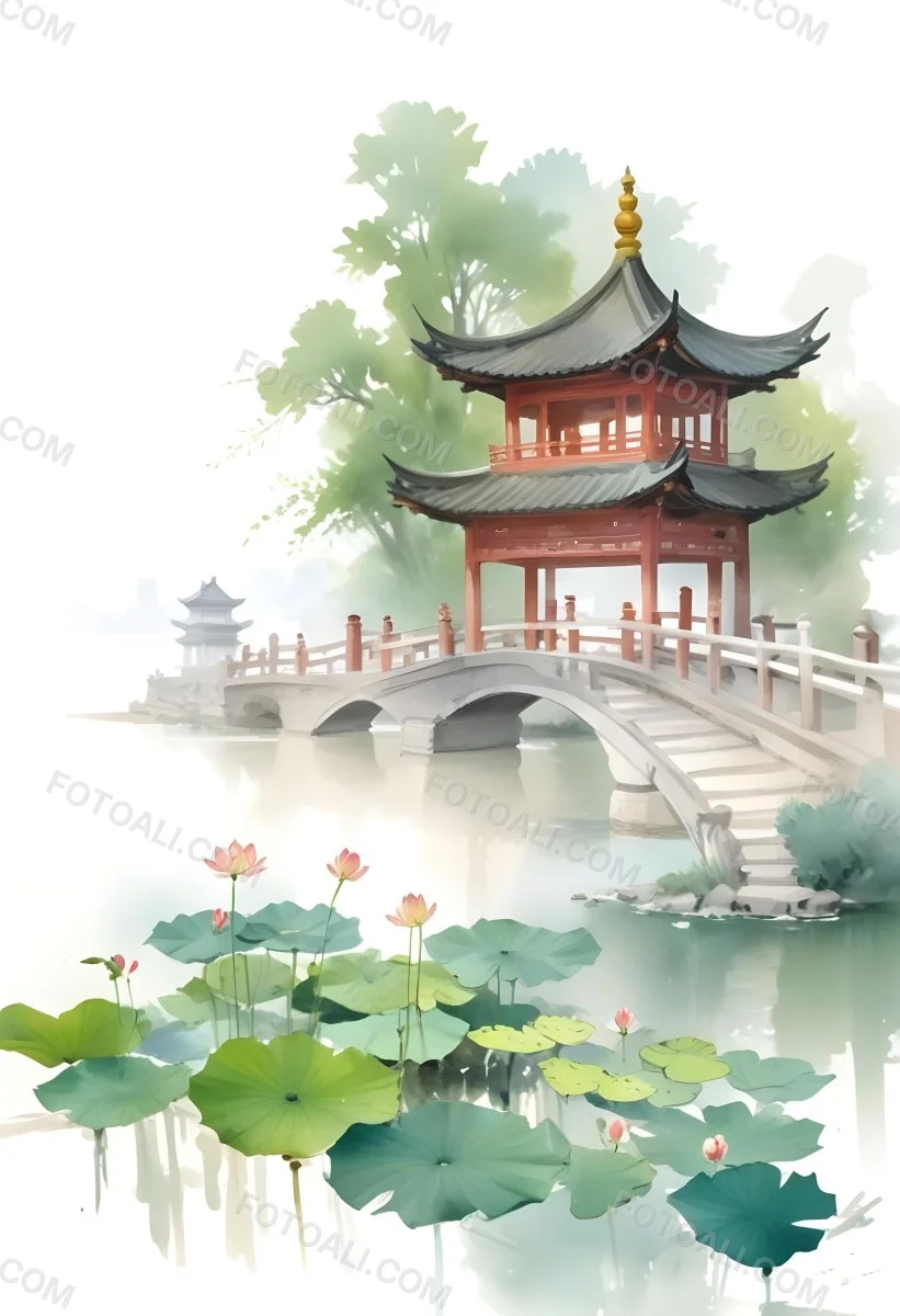 Watercolor Painting A Chinese Pagoda On A Bridge With Lotus Flowers In The Foreground Creative Detailed Brush Stroke Minimal Spalsh 29 E5f1